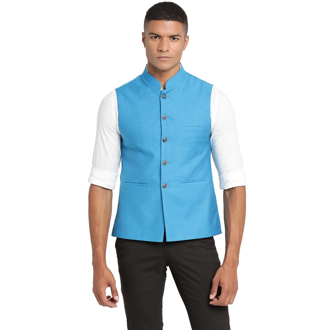 turtle Men Poly Cotton Turquoise Blue Solid Formal Nehru Jacket-picture-15
