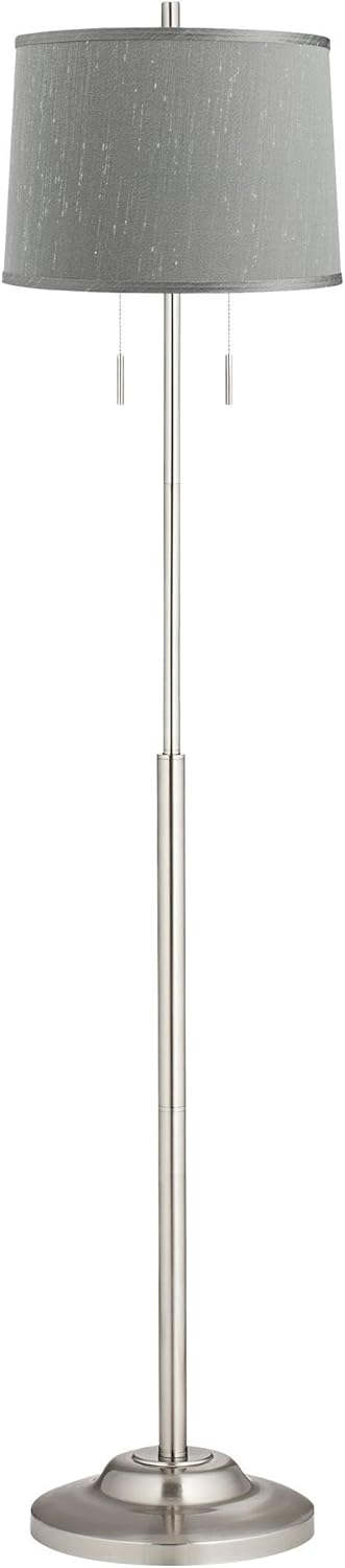 360 Lighting Abba Modern Floor Lamp Standing 66" Tall Brushed Nickel Silver Thin Metal Column 13" Wide Platinum Gray Dupioni Silk Drum Shade Decor for Living Room Reading House Bedroom Home