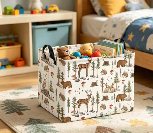 Image of Rectangular Baby Kids Storage Basket for Home Kitchen Girls Cute Toy Storage Bin Organizer Shelf Book Room Decor(Pine Tree Animal)