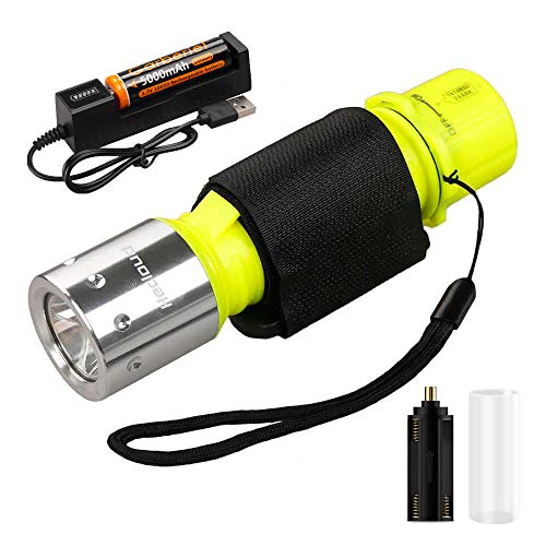Jisell Scuba Diving Flashlight 3 Modes Handheld IPX8 Waterproof Level Underwater Torch Scuba Safety Light with Battery Charger