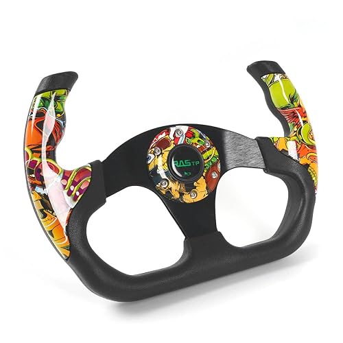 Miniatura 9 de RASTP Volante de carreras en forma de D de 12.5 pulgadas12.598 in de piel de ante estilo de carrera con puntada roja, color negro