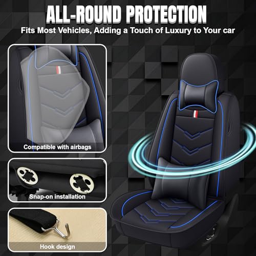 Image of Car Seat Covers Fit for GMC Terrain 2010-2026, Leather Seat Covers for Car, Waterproof Non-Slip Durable Car Seat Protector(5 Seats with Pillow,Black Blue)