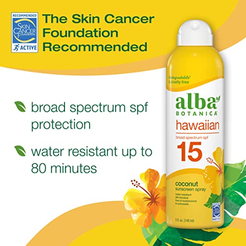 Alba Botanica Sunscreen Spray for Face and Body, Broad Spectrum SPF 15 Sunscreen, Hawaiian Coconut, Water Resistant and Biodegradable, 5 fl. oz. Bottle - Image 3