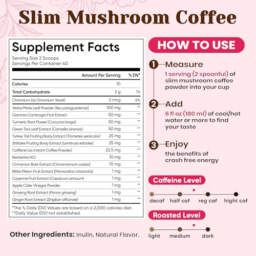 Image of Venture Pal Slim Mushroom Coffee, Weight Management & Energy, 40 Servings | 12 Functional with Berberine, Cinnamon, Yerba Mate, Turmeric, Garcinia Cambogia & Green Tea, Low Caffeine & Zero Calories