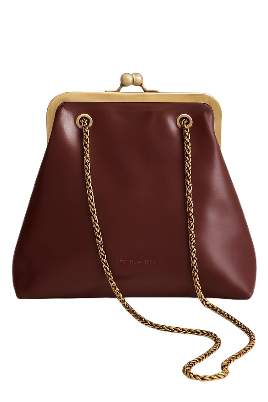 Red Wine Clutch Bag with Kiss Lock Closure with Metal Chain Strap Cherry-image-3