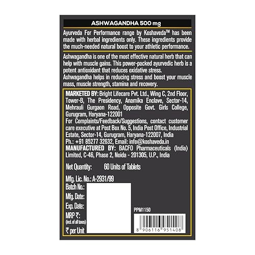 Image of Koshaveda Ashwagandha 500mg (60 Tablets Each, Pack of 2) | Ayurveda for Performance, Ayush Approved, High Strength Potent Formula | Boost Muscle Mass & Strength, Enhance Immunity