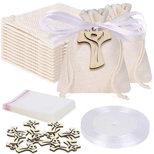 Gudotra 24 Pezzi Sacchetti Portaconfetti Bomboniere Bianco con Croce Tau in Legno Sacchetti Trasparenti Nastri Bianco Sacchetti Confetti Iuta Bomboniere Comunione Matrimonio Cresima Battesimo Nascita