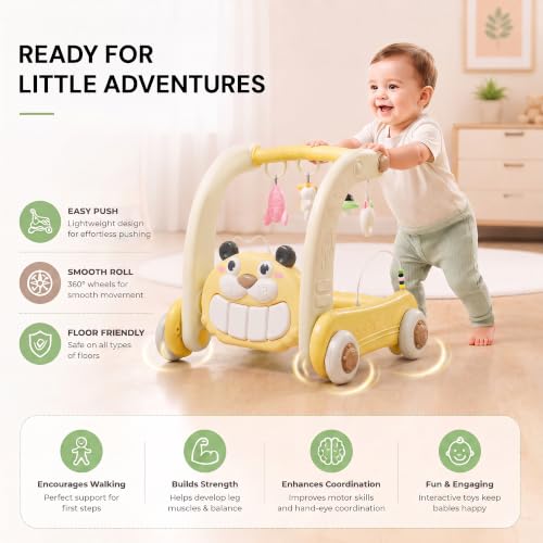 Image of Baybee 4 in 1 Baby Walker with Push Mode, Musical Lights & Sounds, Interactive Activity Panel, Smooth Rolling Wheels, Early Learning & Walking Support for 0-3 Years (Yellow)