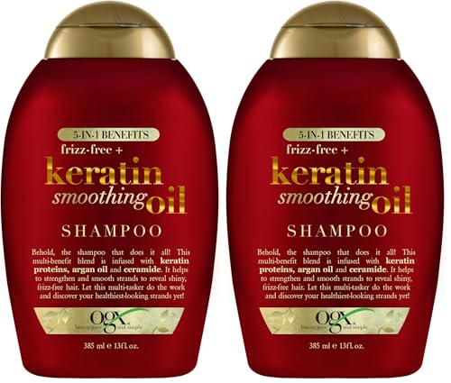 Ogx Frizz Free + Keratin Smoothing Oil 5 in 1 Benefits Shampoo For Frizzy Hair 385mL (Pack of 2)