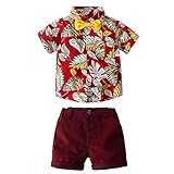 MSemis Baby Jungen Hawaii Anzug Kurzarm Hemd mit Fliege + Shorts Gentleman Outfits Sommer Freizeit Strand Urlaub Kleidung Rot 80-86