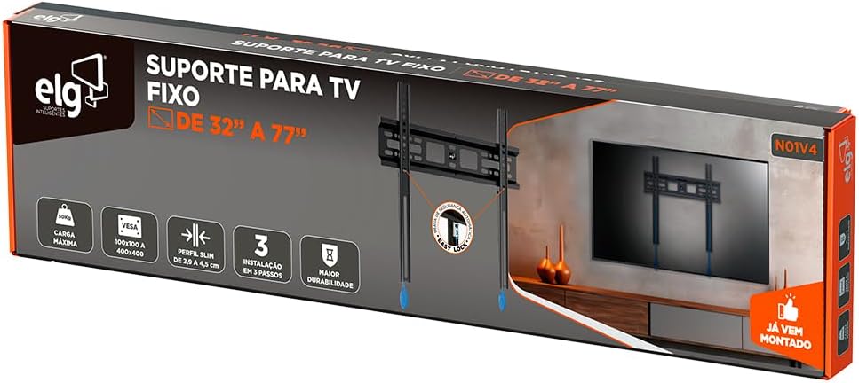 ELG, N01V4, Suporte Fixo de Parede para TVs de 32" a 77", Compatível com TVs Curvas e Planas, Feito em Aço Carbono, Suporta Até 50kg, Preto