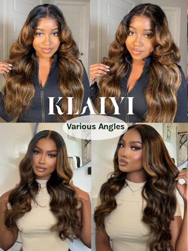 Image of KLAIYI Bye Bye Knots Glueless Ombre Brown Body Wave Pre Cut 7x5 Lace Front Wigs Human Hair Drawstring Pre Plucked Bleached Pre Everything Ready to Wear and Go Wig Highlight Balayage Colored Wig 18Inch