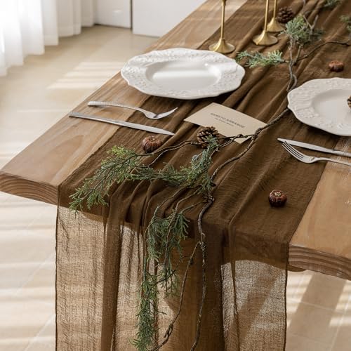 Image of 2Pcs Coffee Cheesecloth Table Runner 120 Inches for Party Home Decor | Ideal for wedding baby shower bridal shower birthday engagement party,or adding rustic boho charm to daily home.