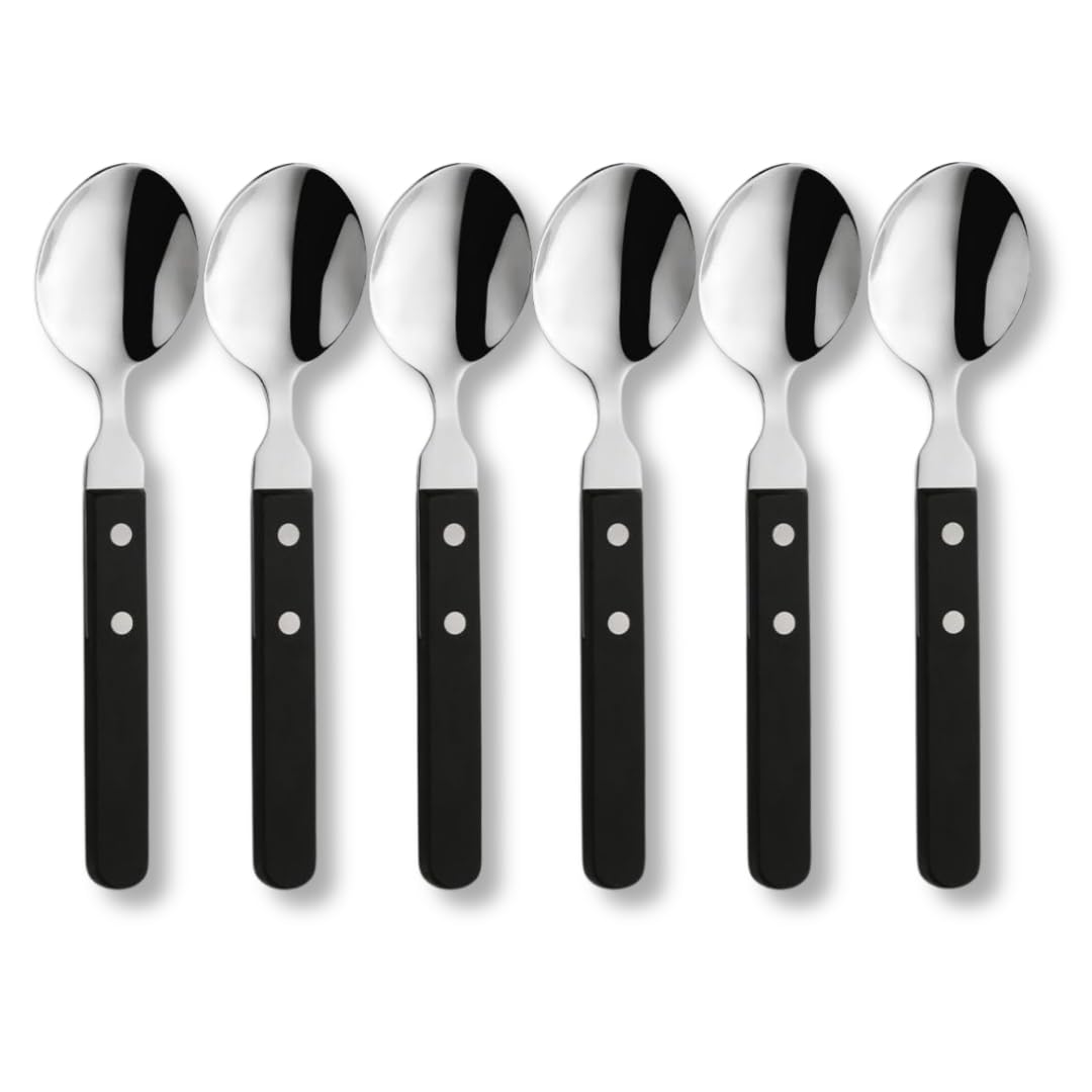 Amefa PIZZA 7000 - Set di cucchiai per pizza/bistecca per 6 persone, manico nero, in acciaio inox 18/0, lucidato e antiruggine, 2 manici rivettati in legno di Pakka, posate da bistecca, set di posate