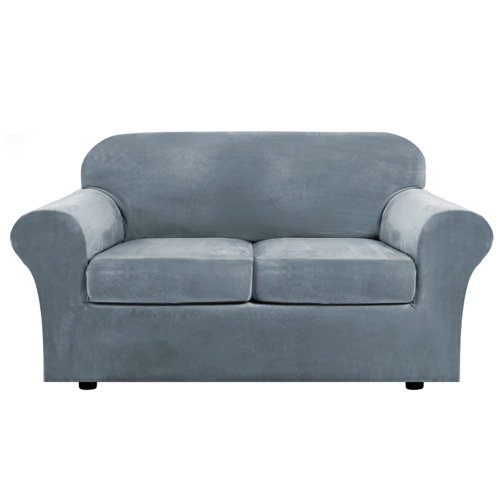 Real Velvet Plush 3 Piece Stretch Sofa Covers Couch Covers for 2 Cushion Couch Loveseat Covers (Base Cover Plus 2 Individual Cushion Covers) Feature Thick Soft Stay in Place (Medium Sofa, Stone Blue)