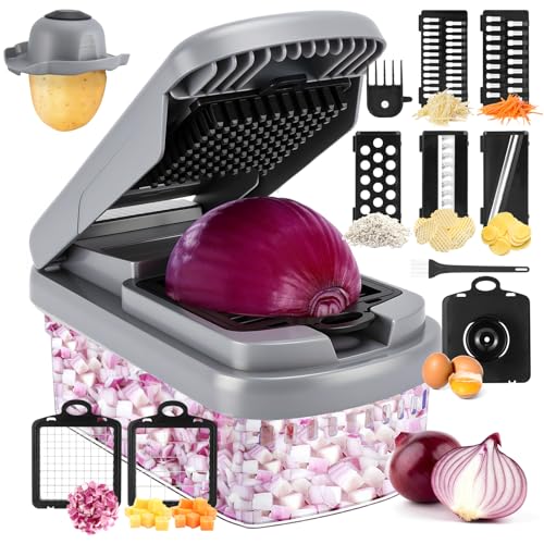 Vegetable Chopper,12-in-1 Multifunctional Food Chopper,Professional Onion Chopper with 7 Blades,Vegetable Cutter with Container for Salad,Potato,Carrot,and Garlic Essential Kitchen Tool (Silver black)