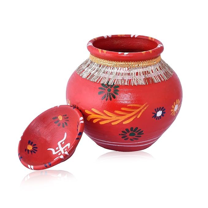 Dipika Enterprises MITTI Kalash Colourful Painted Matki for karwa chouth Diwali Pooja (Pack of 1 Kalash with dhakkan)-image-15