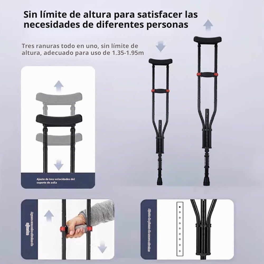 Muletas Axilares 1 Par (2 Piezas) – Altura Ajustable 108-160cm 20 Niveles Regulables，con Amortiguación y Plegable, Aluminio y Almohadillas de Goma Soportan 150kg, para Mayores o Post-Cirugía (Negro)