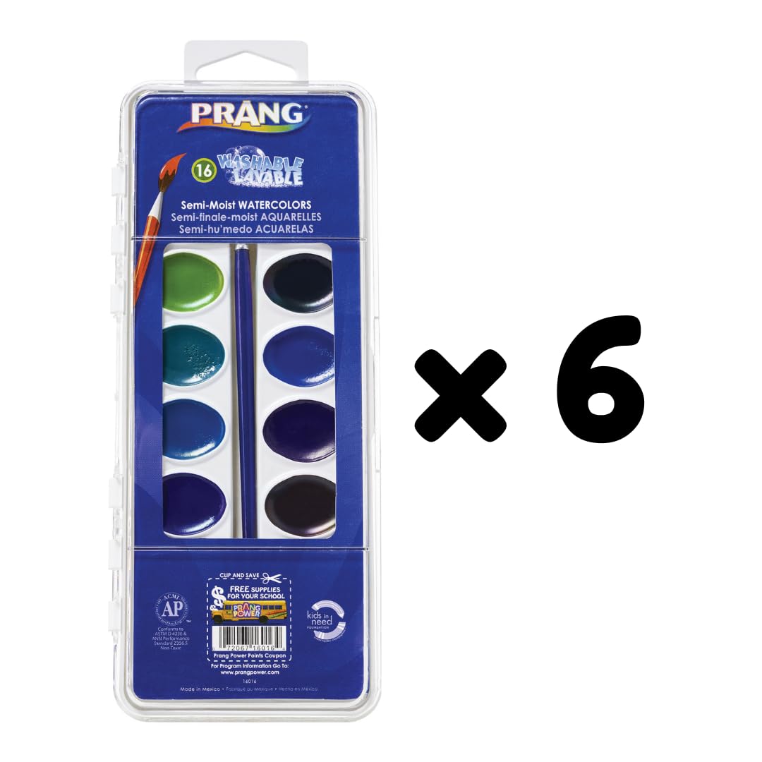 Prang Waschbare, halbfeuchte Aquarellfarben, oval, mit Pinsel der Größe 6, nicht nachfüllbar, 16 verschiedene Farben, 6 Stück