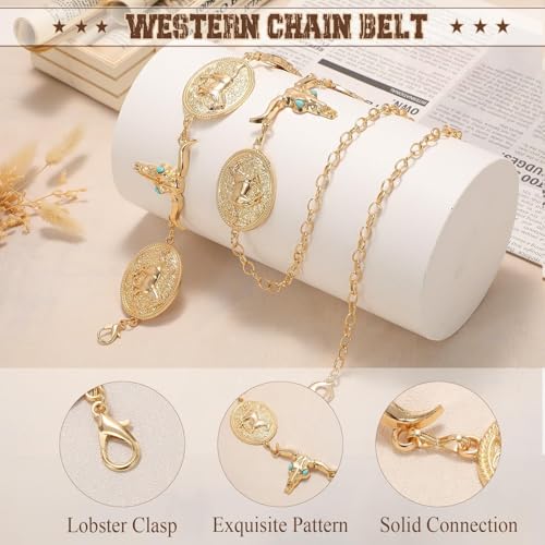 Image of WHIPPY Western Metal Concho Belt for Women Vintage Cowgirl Boho Turquoise Chain Belts for Dresses Jeans