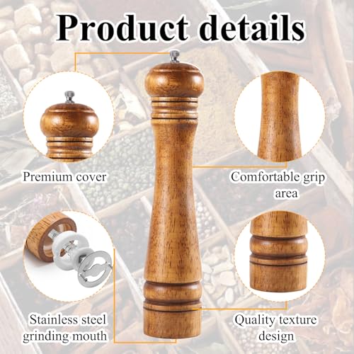 Wooden Pepper Mill 10 Inch Retro Manual Wooden Salt and Pepper Large Grinder with Adjustable Ceramic Rotor Wood Spice Mills Peppermill Grinders for Kitchen Household BBQ Restaurant - Image 4