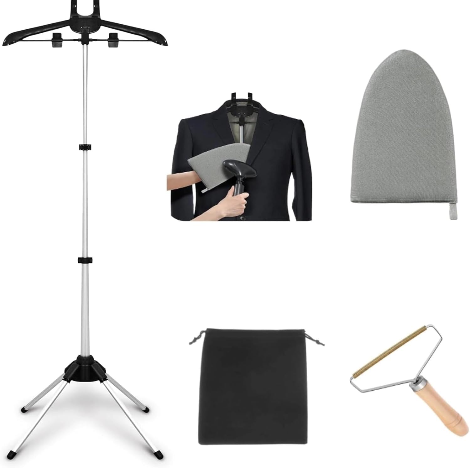 Supporto per vapore, supporto per vaporizzatore per indumenti, rack regolabile con gancio, pieghevole e portatile, per viaggi e casa (nero)