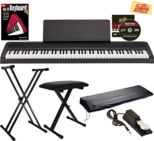 Korg B2 Digital Piano Black Bundle with Adjustable Stand, Bench, Dust Cover, Sustain