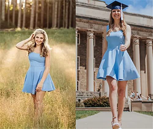 Image of FANCYINN Women's Short V-Back Dress U-Neck Inslace Hem Wide Straps Tank Mini Skater Cocktail Dresses