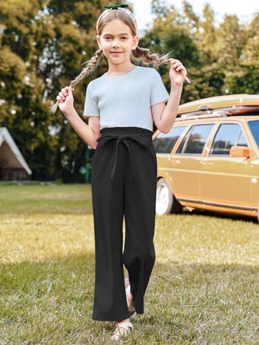 Image of Haloumoning Girls Wide Leg Pants High Elastic Smocked Waist Casual Flowy Cute Long Trousers