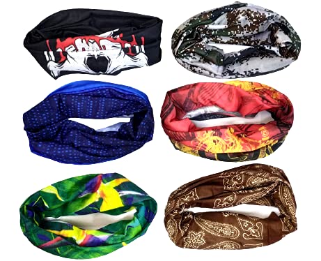 Beauty Tool microfiber polyester Head Wrap Bikers Motorcycle Riding Neck Face Mask Bandana Random Design (Multicolor, Free Size) (Pack of 6)