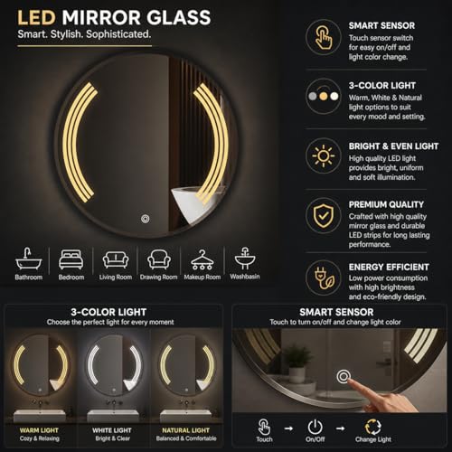 Image of LED Smart Bathroom Mirror with Touch Sensor | 3-in-1 Light Modes - Warm White | Cool White & Natural Light | Office and Home Use (Round, 24x24)