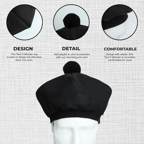 Image of Scottish Tam O' Shanter Hat Tartan Bonnet Pom Pom Wool Flat Cap One Size