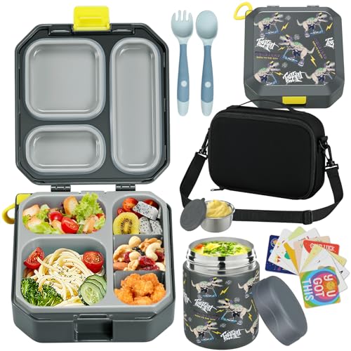 Image of wiwens Bento Lunch Box for Kids with 12oz Soup Thermo Leak-Proof Lunch Food Container with 5 Compartment Thermo Hot Food Jar and Insulated Lunch Bag for Kid Toddler Girls Boys to School
