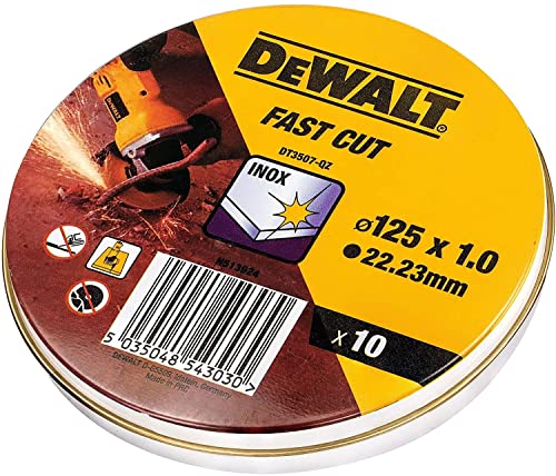 Miniatura 2 de Dewalt Lata Con 10 Discos De Corte, Acero Inox, Dimensiones 125x1x22.23mm, Grano De Óxido De Aluminio, Para Amoladoras Con Cable Y A Batería, Dt3507-Qz