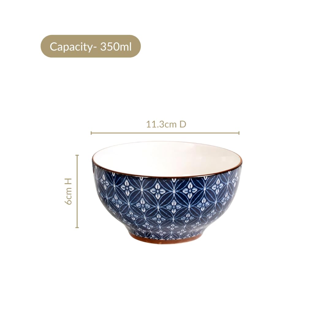 Nestasia Ceramic Snack Bowls Set of 6 (350 ml Each) | Geometric & Floral Pattern Bowls for Serving Noodles, Ramen, or Soups | Microwave & Dishwasher Safe - Perfect for Gifting (Blue & White) 3