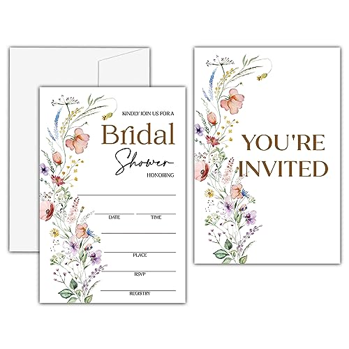 Wildflower Bridal Shower Invitations, Spring Flowers Bridal Shower Invites, Minimalistic Boho Floral Wedding Shower Supplies, Country Engagement Party Decorations (25 Set of Invitations with