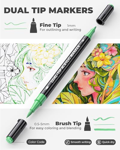 Image of JusArt Acrylic Paint Markers 48 Colors, Dual Tip Art Supplies with Canvas | Acrylic Markers for Kids, Paint Pens for Wood Glass Fabric, School Supplies & Classroom Must Haves, Great Gift for Artists.