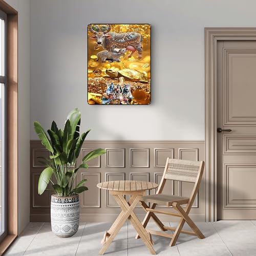 Image of SAF Divine Cow Kamdhenu Tortoise Shiva Family Gold Coin Wall Art | Vastu Black Frame Sparkle Laminated Painting | Positive Energy, Wealth & Protection Home Decor (14 Inch x 11 Inch) K-36117