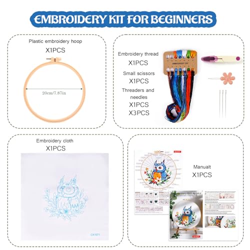 Image of KESTAR Embroidery Starter Kit, Owl Flower Embroidery Kit for Adults Beginners, Cross Stitch Kits with Embroidery Cloth Hoops Needles Instruction and Threader