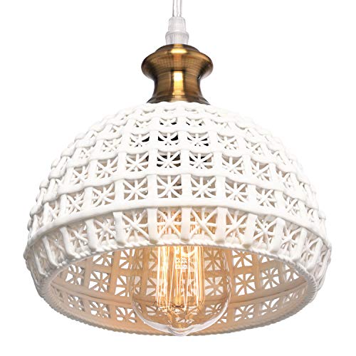 HMVPL Ceramic Plug in Pendant Light Fixture, Unique Swag Ceiling Lamp with 16.4 Ft Hanging Cord and On/Off Dimmable Switch for Kitchen Island Table Dining Room Bedroom Entryway (6.9 inches)