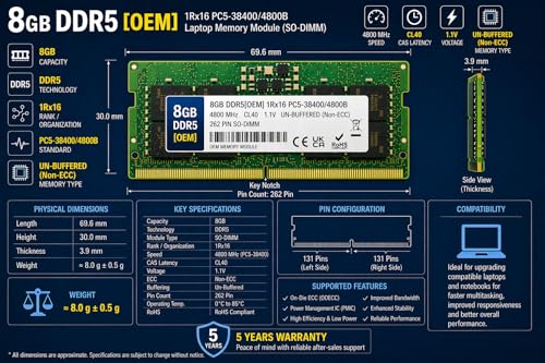 Image of 8GB DDR5 4800MHz OEM Laptop RAM Compatible with Samsung [Key Specs: PC5-38400 /4800B | 262-Pin SO-DIMM | CL40 | 1Rx16 | 1.1V | Non-ECC] | 5 Years Seller Warranty