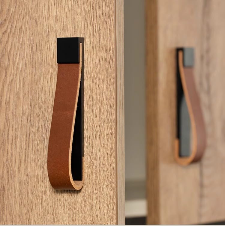 LBFEEL Kitchen Leather Drawer Pulls Gold Dresser Knob Black Cabinet Pulls Handles Europe Style Furniture Handles (Brown and Black, 3.78" Hole Centers)