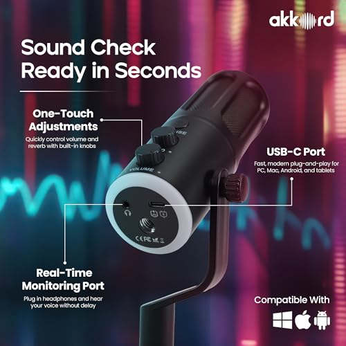 Image of Akkord USB Condenser Microphone with RGB Lights, Real-Time Monitoring, Noise Cancellation, Plug & Play USB-C Mic for PC, Mac, Android, iPad - Ideal for Podcasting, Gaming & Streaming
