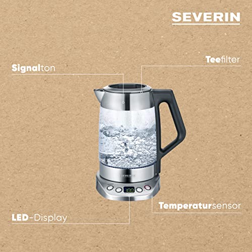 Foto von SEVERIN Glas Tee- und Wasserkocher, Teekocher mit einstellbarer Temperatur und Ziehzeit, Glas Wasserkocher mit voreingestellten Teeprogrammen, 3.000 W, Edelstahl, WK 3479