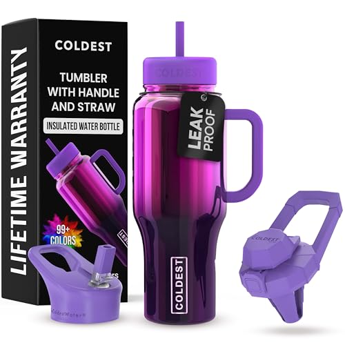 Coldest Tumbler with Handle and Straw - 100% Spill Proof Tumbler with Straw (3 Lids) - Stainless Steel Insulated Leakproof Tumblers for Women & Men - Cup Holder Friendly - 36 oz (Purple Nova)