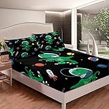 Feelyou Boys Cartoon Dinosaur Fitted Sheet Green Cute Dino Bed Sheet Set Funny Dinosaur Astronaut Bedding Set for Kids Adults Space Rocket Print Bed Cover Outer Space Theme Room Decor Queen Size