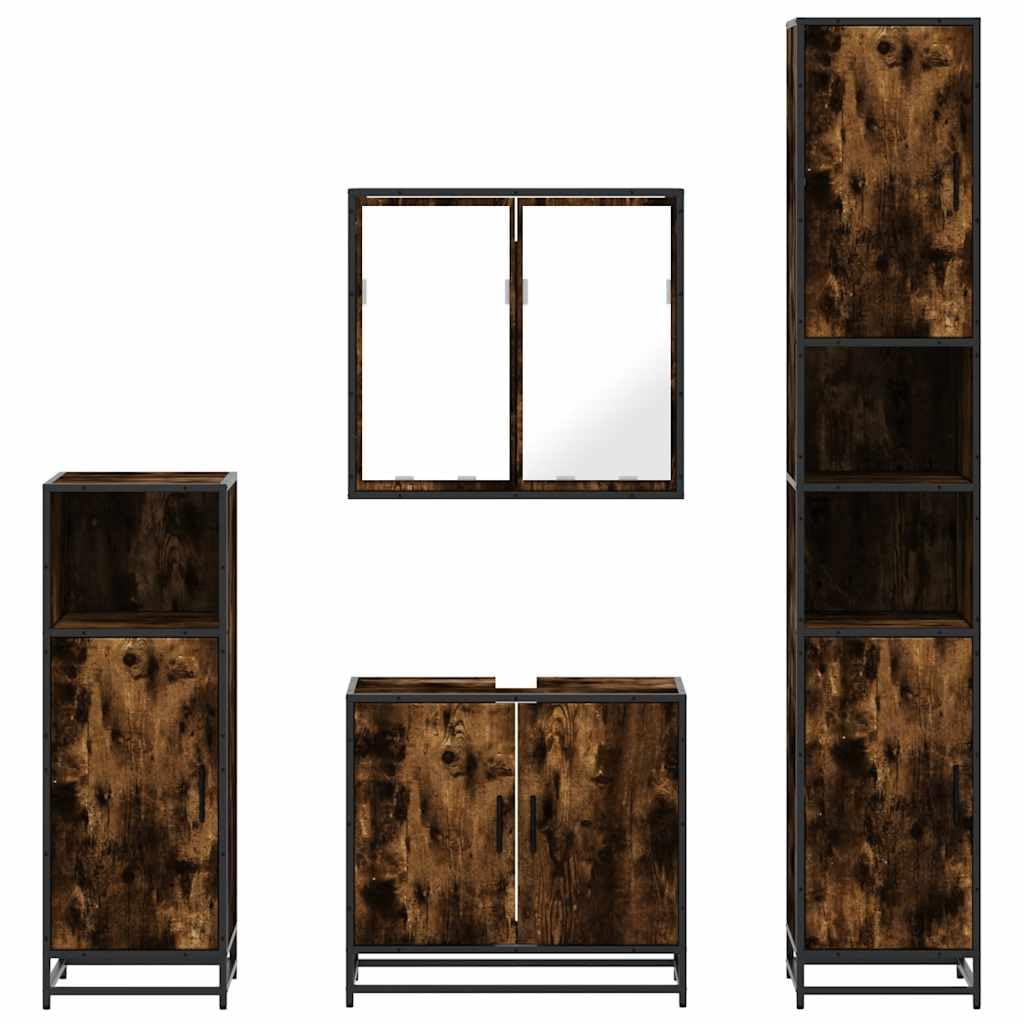 Set di mobili da bagno in 4 pezzi legno intagliato rovere affumicato