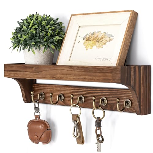 Image of Rebee Vision Pine Wood Key Holder Wall Mount - Multifunctional Key Holder for Wall with Hooks and Shelf for Mail, and Hats - Perfect for Home and Office Organization (Vintage Brown)
