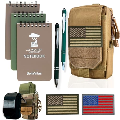 BellaVitas Tactical Molle Pouch Small Notebook Cover EDC Utility Bag Tool Pouch Gadget Organizer Military Waist Bag with US Flag Patch, 3”x5” Waterproof Notepad Pocket Notebook and Weatherproof Pen