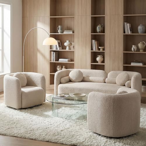 Image of Curved Sofa Set for Living Room, Upholstered Boucle Fabric 3-Seater Minimalist Sofas Couches + Oversized Chair with Throw Pillows Modern Sofa Set of 3 Piece Couch Set Bedroom Office Apartment Beige
